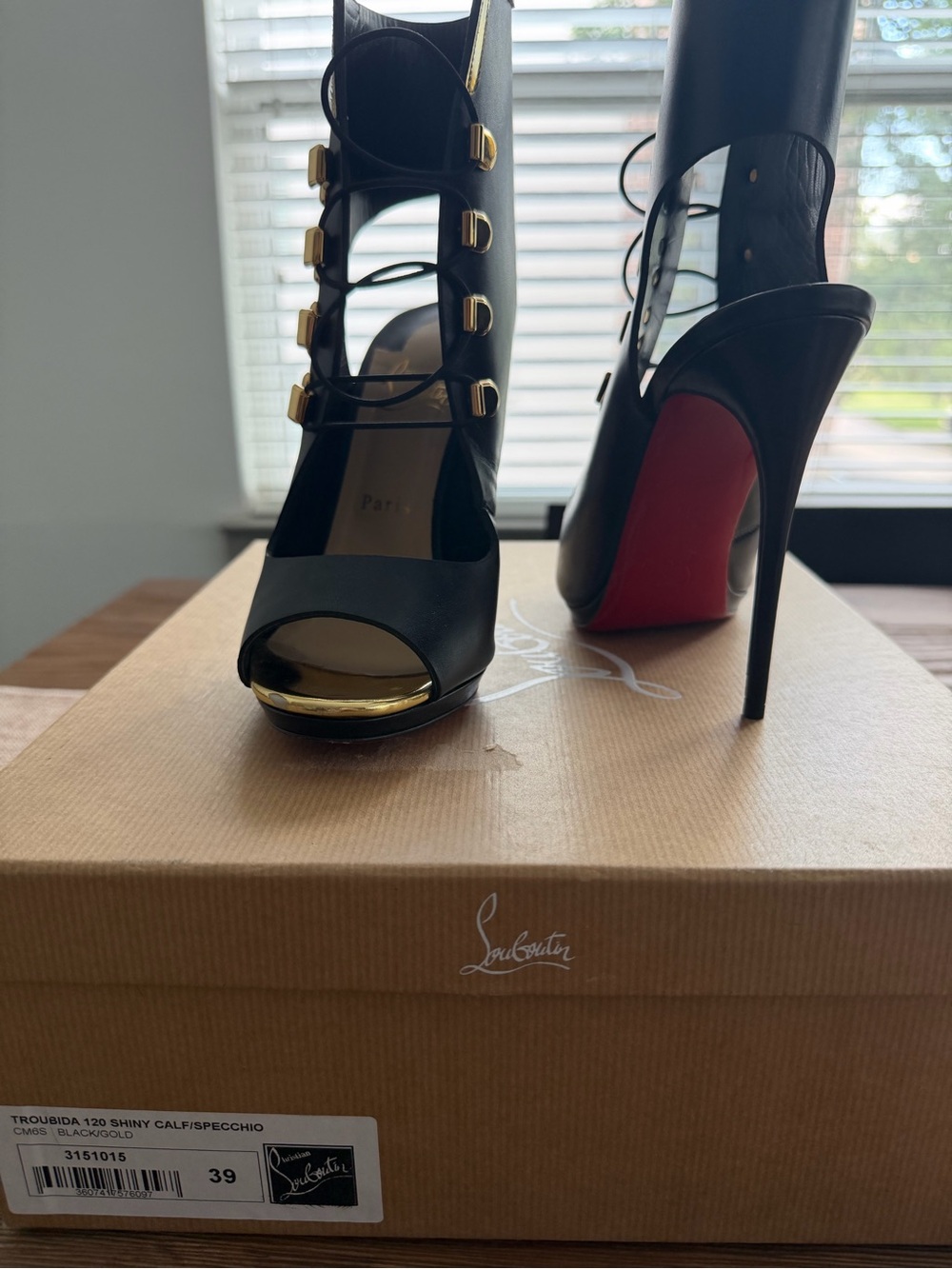 Christian Louboutin Black Peep-Toe Stiletto Heels with Gold Accents